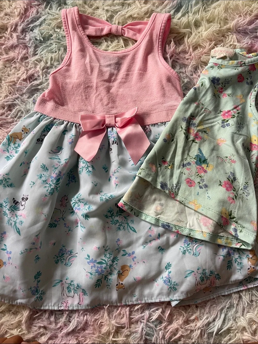 Girls' Pink Bow Floral Casual Dress - Sleeveless with Minty Floral Tank Top 4T